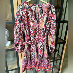 Zara Angie Dress Long Sleeve Red Pink Geometric Mini Dress S tribal button down